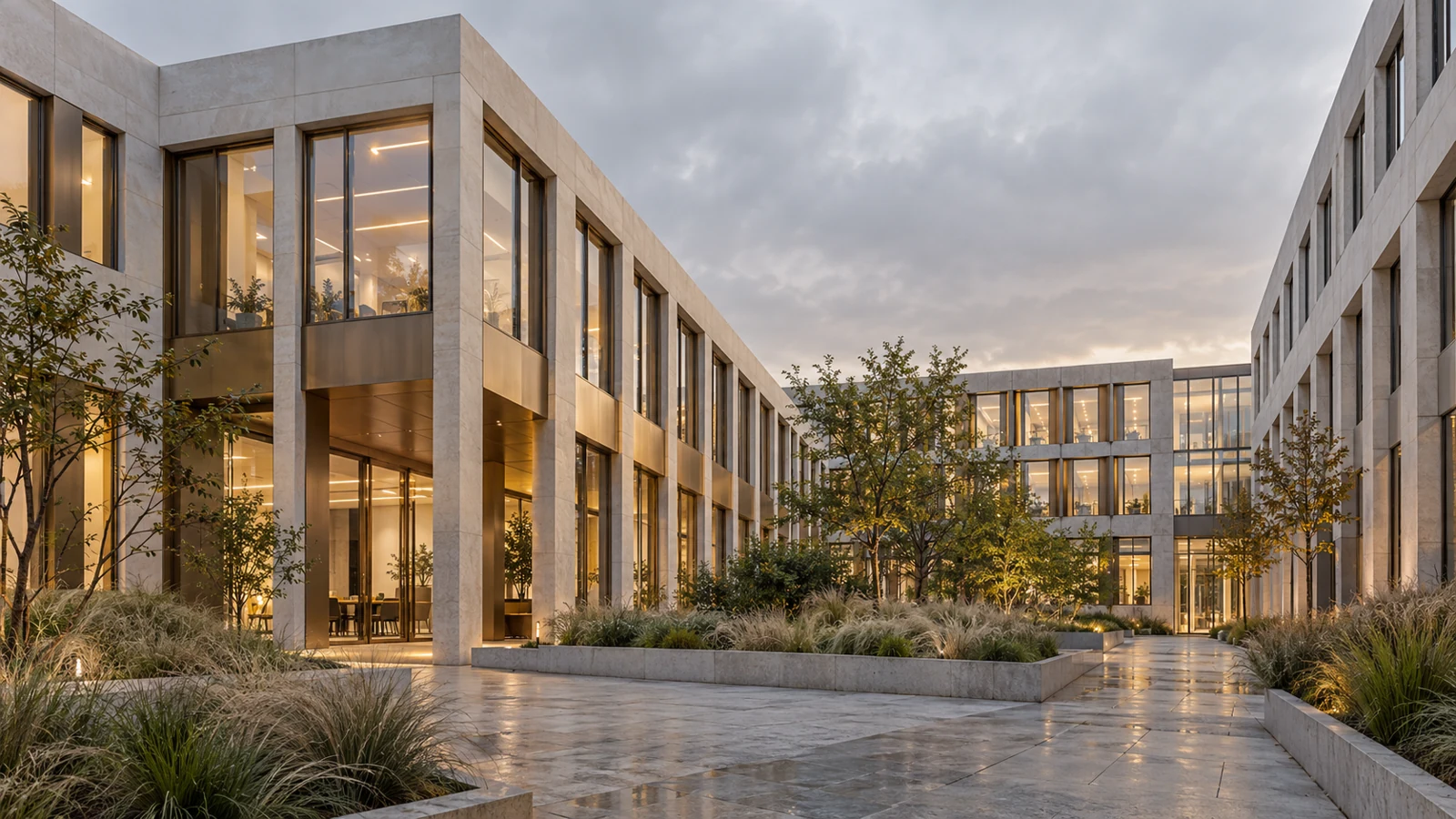 Fiktiver moderner Gewerbecampus – KI-generierte Architekturvisualisierung